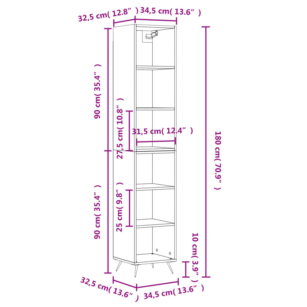 vidaXL Buffet haut Sonoma gris 34,5x32,5x180 cm Bois d'ingénierie