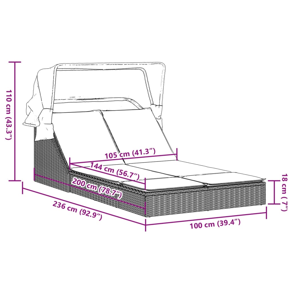 vidaXL Chaise longue double avec auvent et coussins beige poly rotin