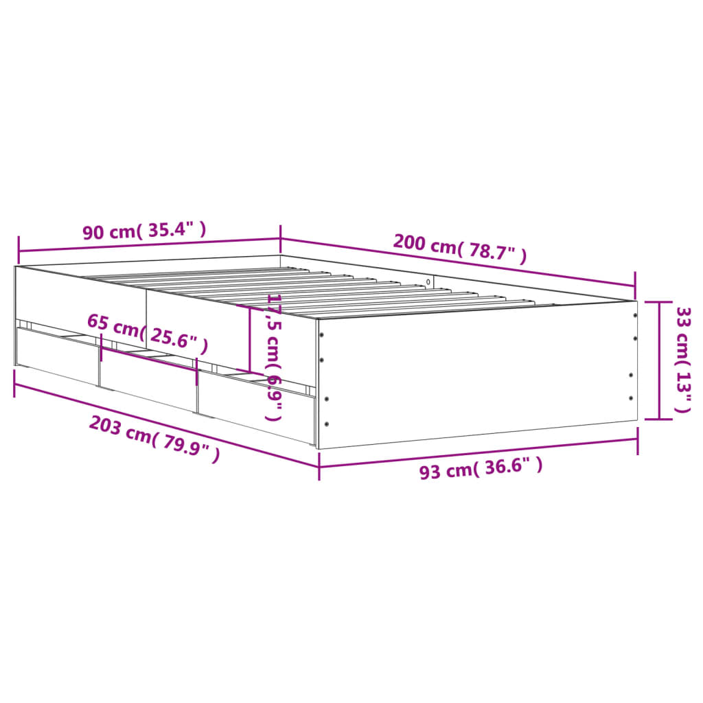 vidaXL Cadre de lit avec tiroirs sans matelas chêne fumé 90x200 cm