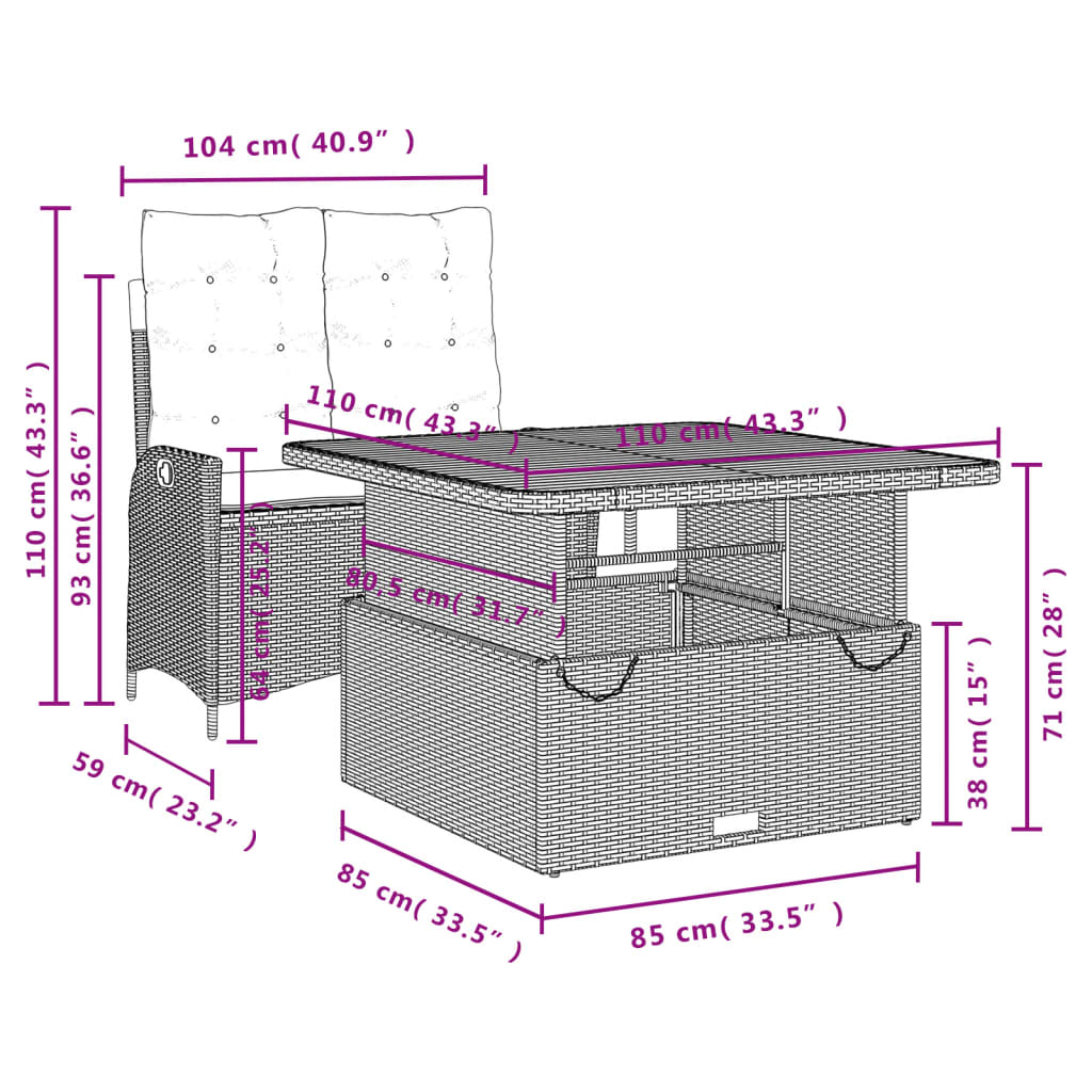 vidaXL Ensemble à manger de jardin coussins 2pcs noir résine tressée