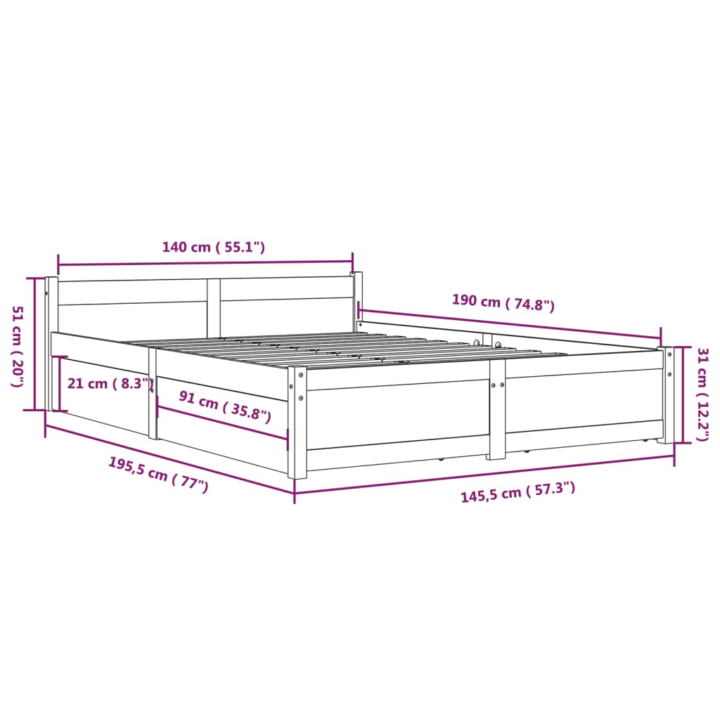 vidaXL Cadre de lit sans matelas avec tiroirs noir 140x190 cm