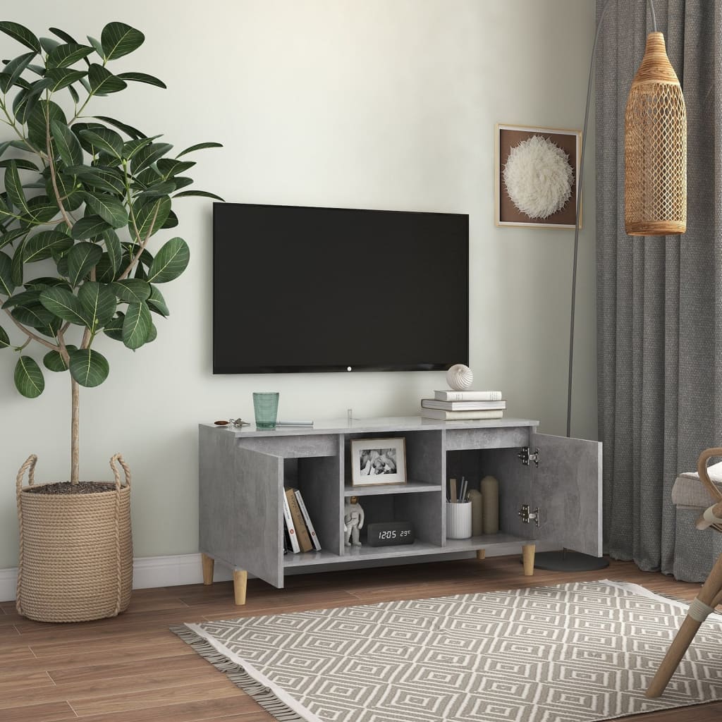 vidaXL Meuble TV avec pieds en bois massif Gris béton 103,5x35x50 cm