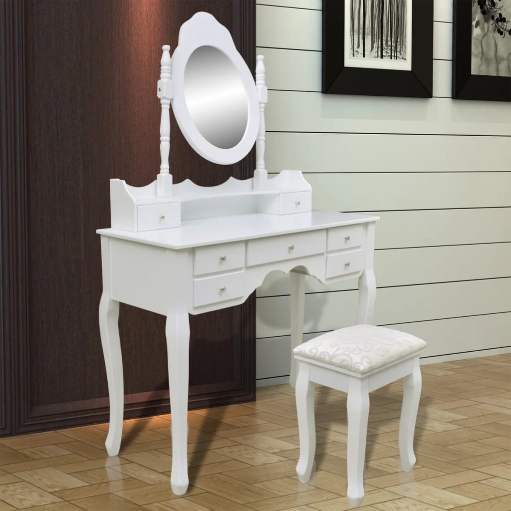vidaXL Coiffeuse avec miroir et tabouret 7 tiroirs Blanc
