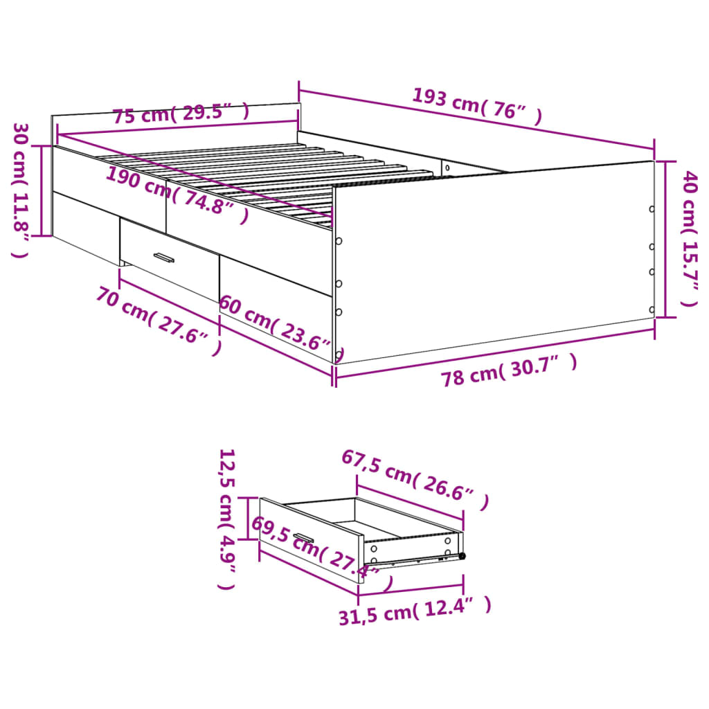 vidaXL Cadre de lit avec tiroirs sans matelas gris béton 75x190 cm