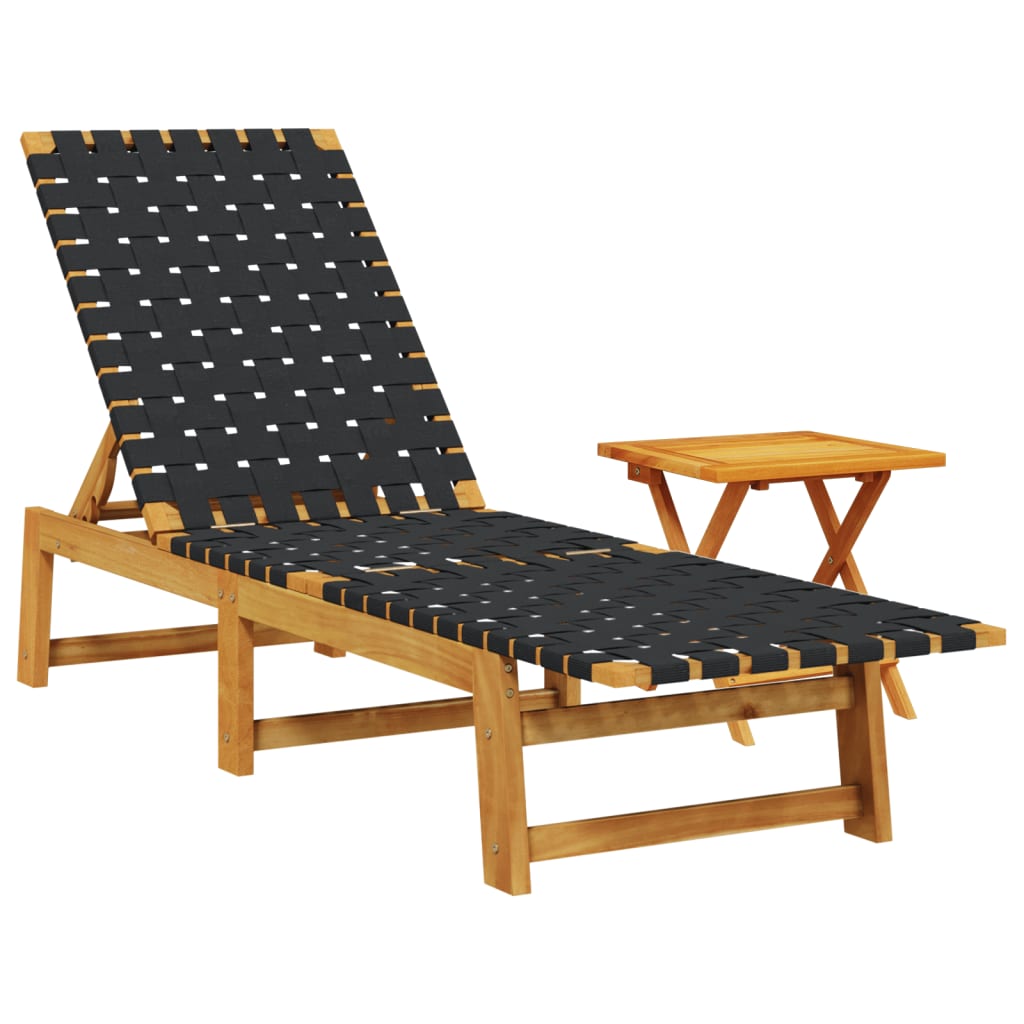 vidaXL Chaises longues avec table noir bois d'acacia solide et tissu