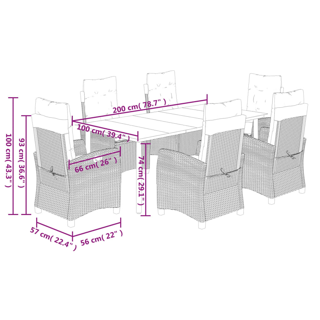 vidaXL Ensemble à manger de jardin et coussins 7 pcs marron rotin