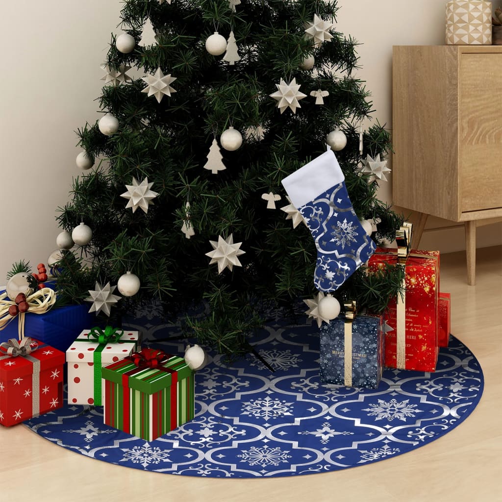 vidaXL Jupe de sapin de Noël de luxe avec chaussette Bleu 90 cm Tissu