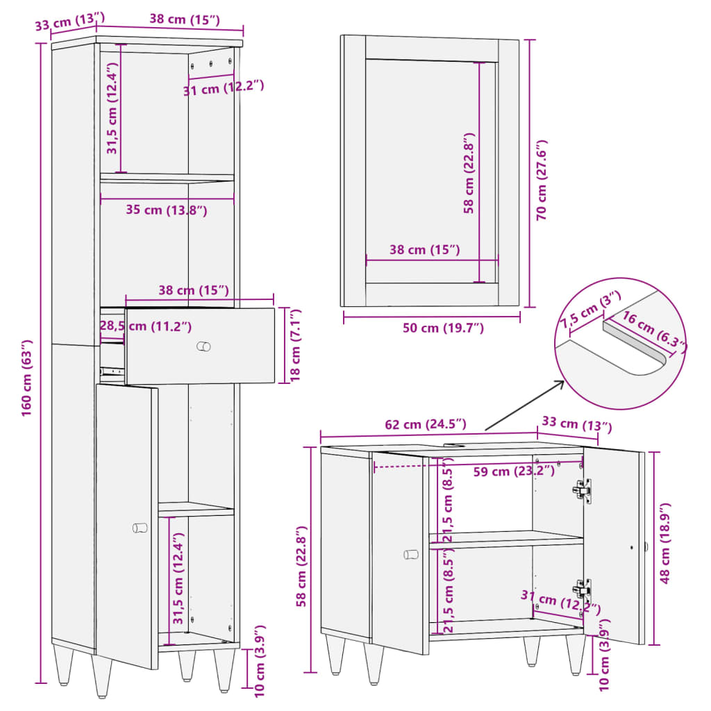 vidaXL Ensemble de meubles de salle de bain 3 pcs bois manguier massif