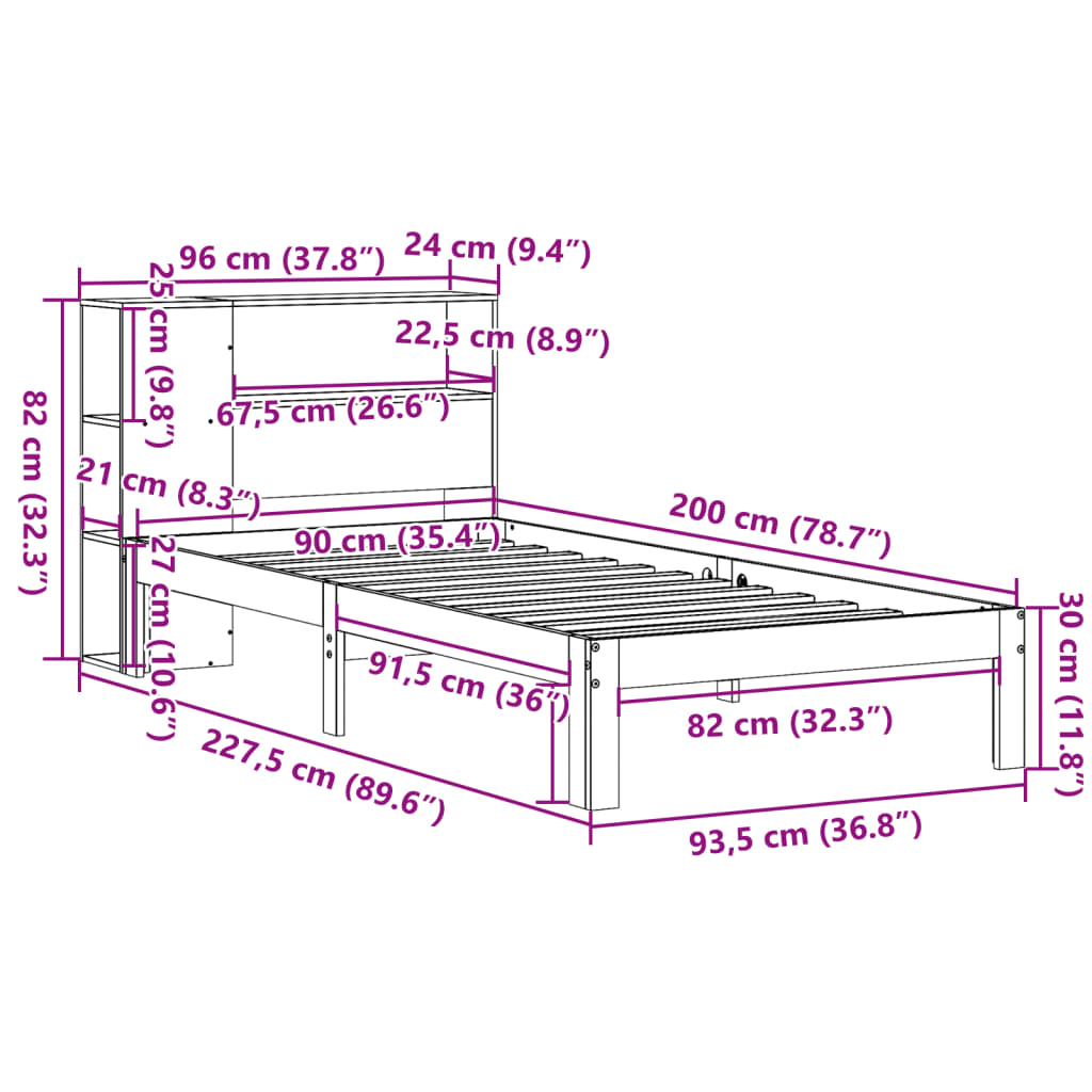 vidaXL Lit bibliothèque sans matelas 90x200 cm bois de pin massif