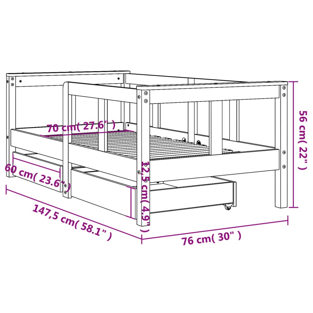 vidaXL Cadre de lit enfant tiroirs blanc 70x140 cm bois de pin massif