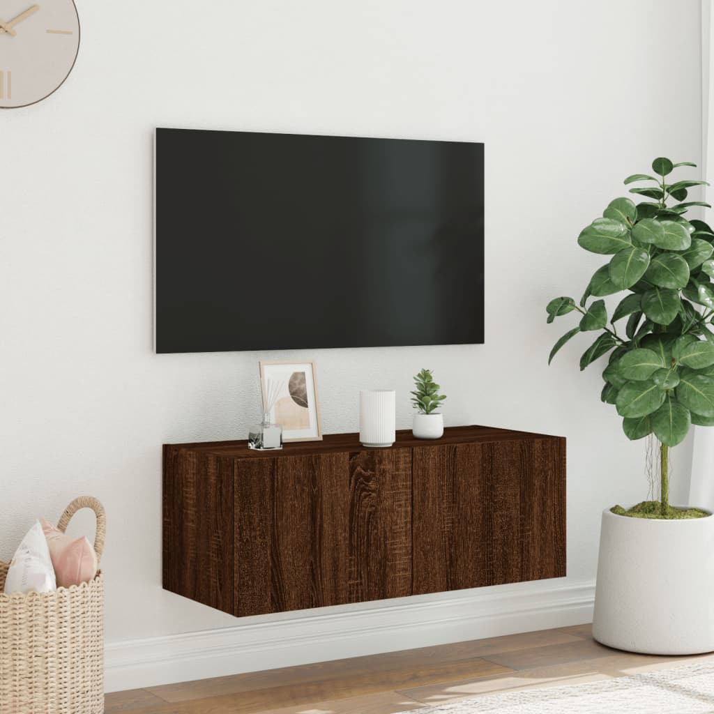 vidaXL Meuble TV mural avec lumières LED chêne marron 80x35x31 cm