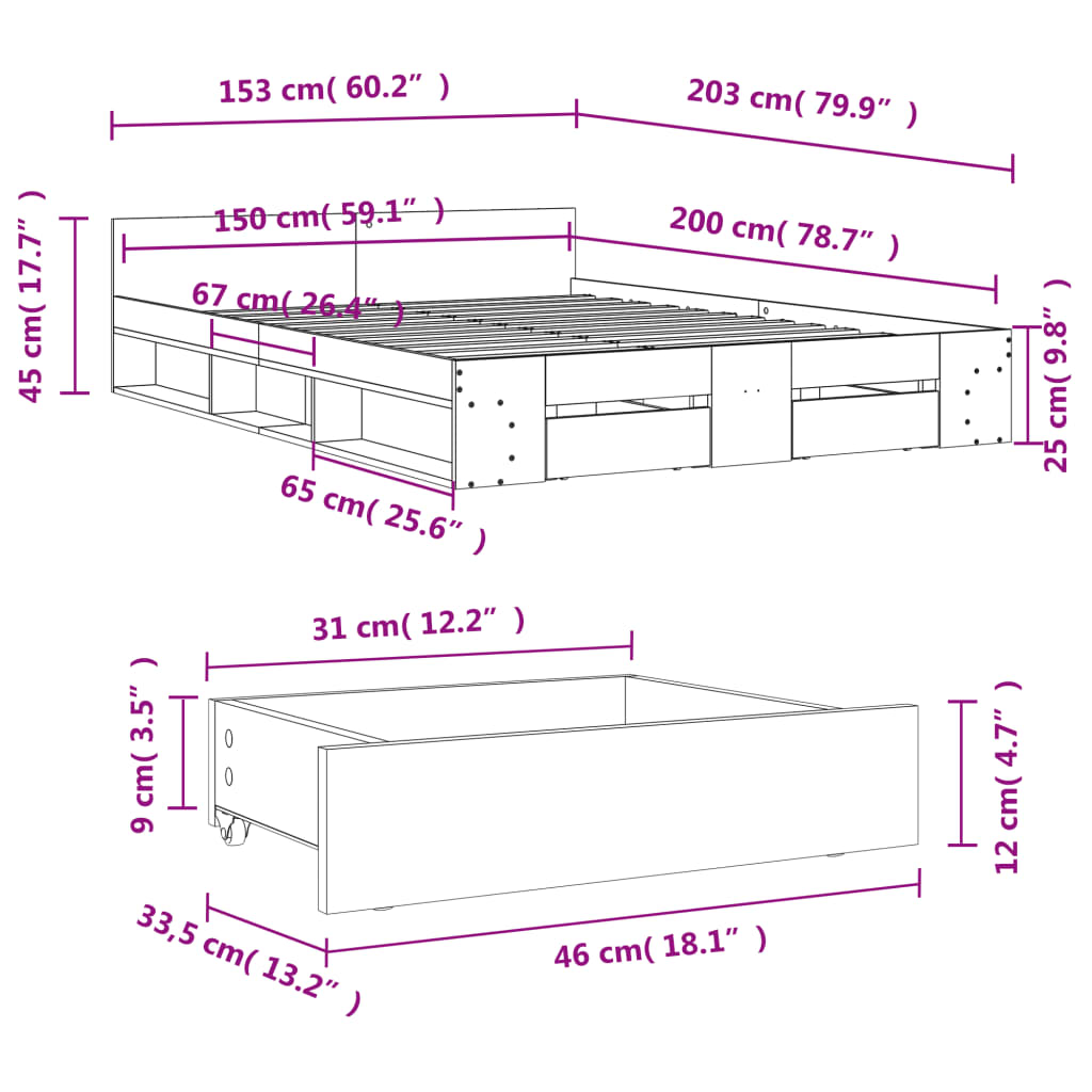 vidaXL Cadre de lit et tiroirs chêne sonoma 150x200 cm bois ingénierie