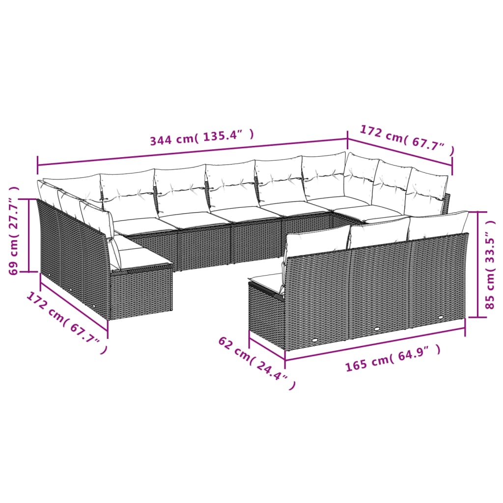 vidaXL Salon de jardin avec coussins 13 pcs noir résine tressée