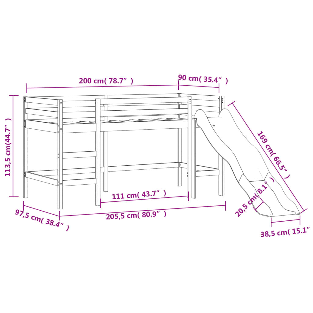 vidaXL Lit mezzanine enfants et tour blanc/noir 90x200 cm pin massif