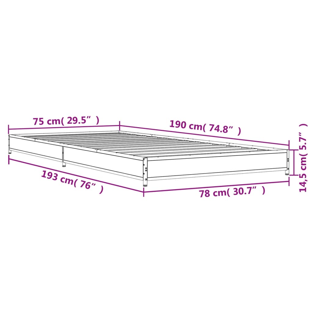 vidaXL Cadre de lit chêne fumé 75x190 cm bois d'ingénierie et métal