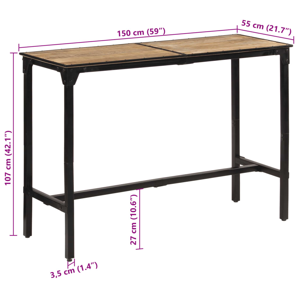 vidaXL Table de bar 150x55x107 cm bois de manguier massif brut