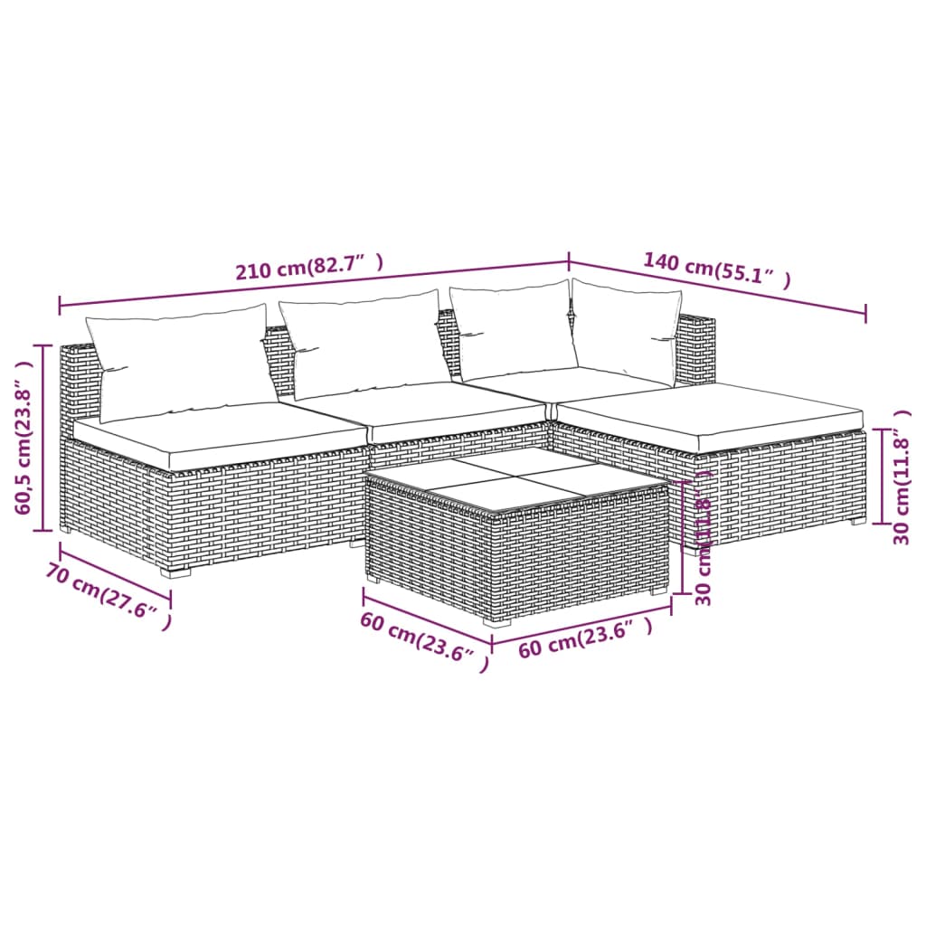 vidaXL Salon de jardin 5 pcs avec coussins Résine tressée Gris