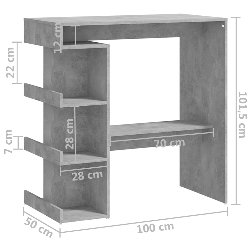 vidaXL Table de bar étagère de rangement Gris béton 100x50x101,5 cm