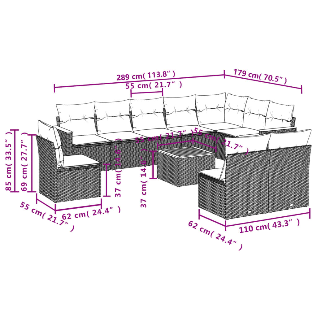 vidaXL Salon de jardin 11 pcs avec coussins noir résine tressée