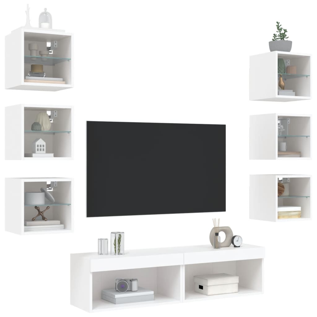 vidaXL Unités murales TV avec LED 8 pcs blanc bois d'ingénierie