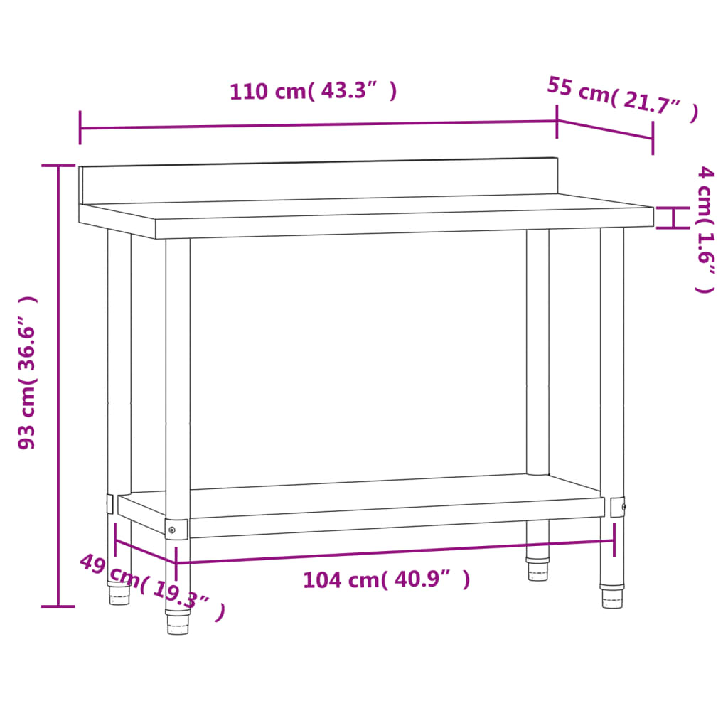 vidaXL Table de travail de cuisine avec dosseret 110x55x93 cm inox