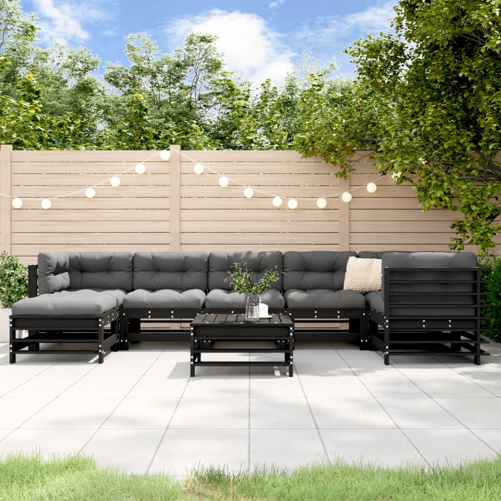 vidaXL Salon de jardin 8 pcs avec coussins noir bois massif