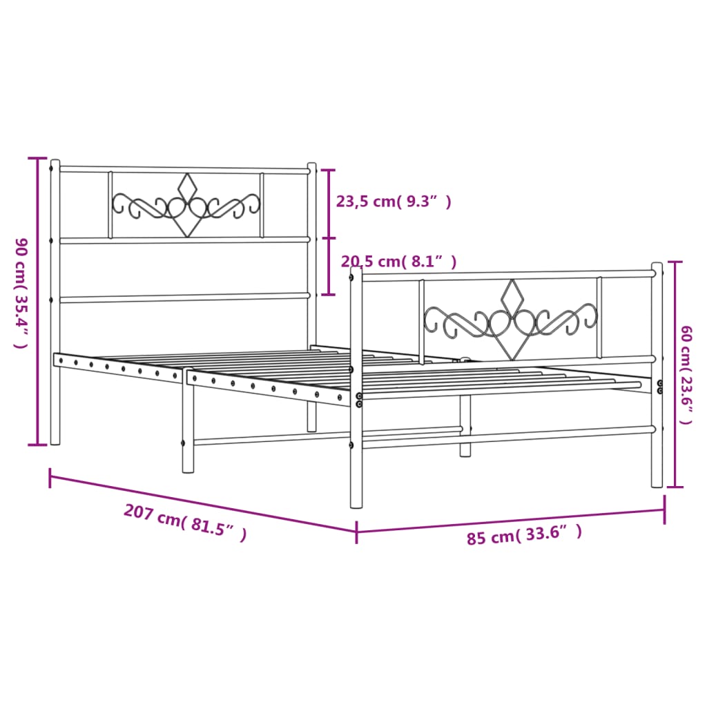 vidaXL Cadre de lit métal sans matelas avec pied de lit noir 80x200 cm