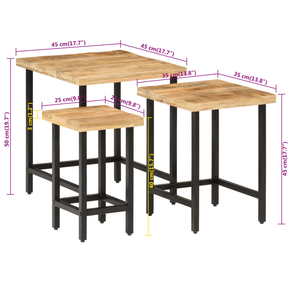 vidaXL Tables basses gigognes 3pcs bois de manguier massif brut et fer