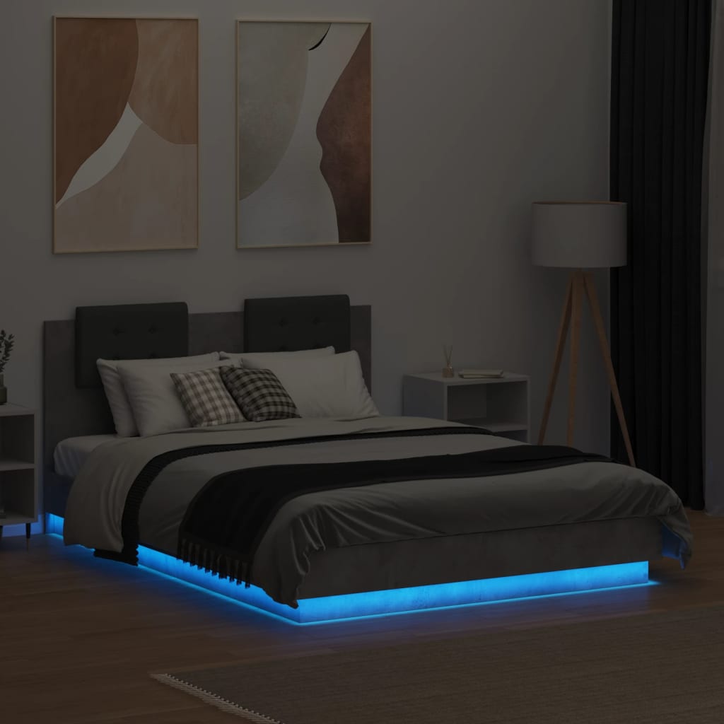 vidaXL Cadre de lit tête de lit et lumières LED gris béton 120x190 cm
