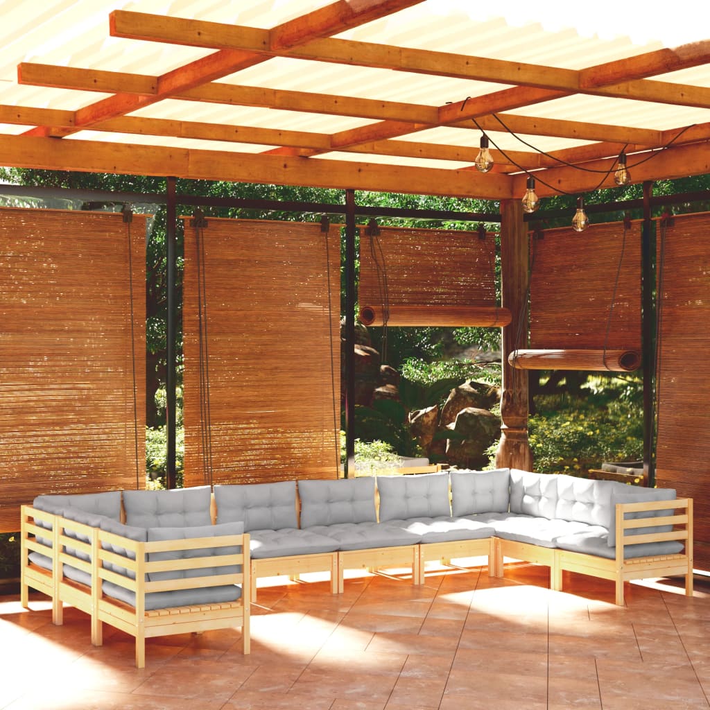 vidaXL Salon de jardin 10 pcs avec coussins gris bois de pin