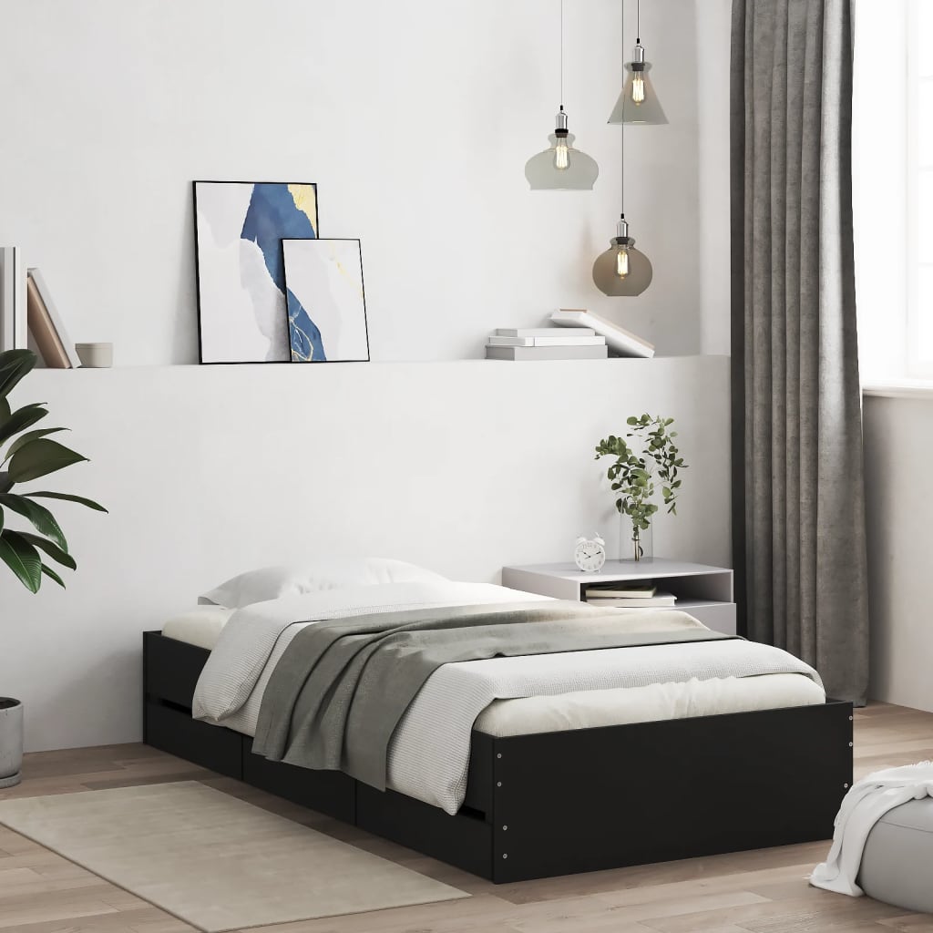 vidaXL Cadre de lit avec tiroirs noir 75x190 cm bois d'ingénierie