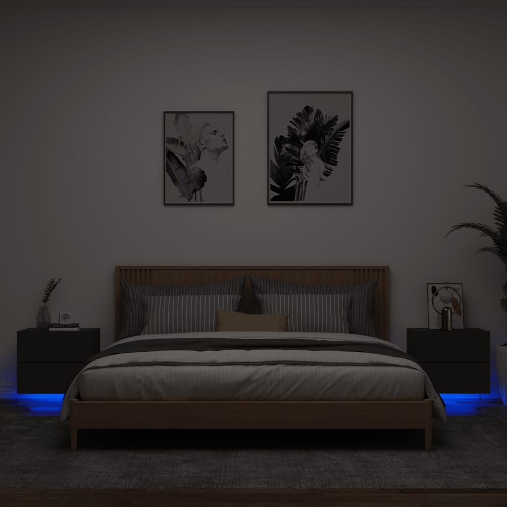 vidaXL Tables de chevet murales avec lumières LED 2 pcs noir