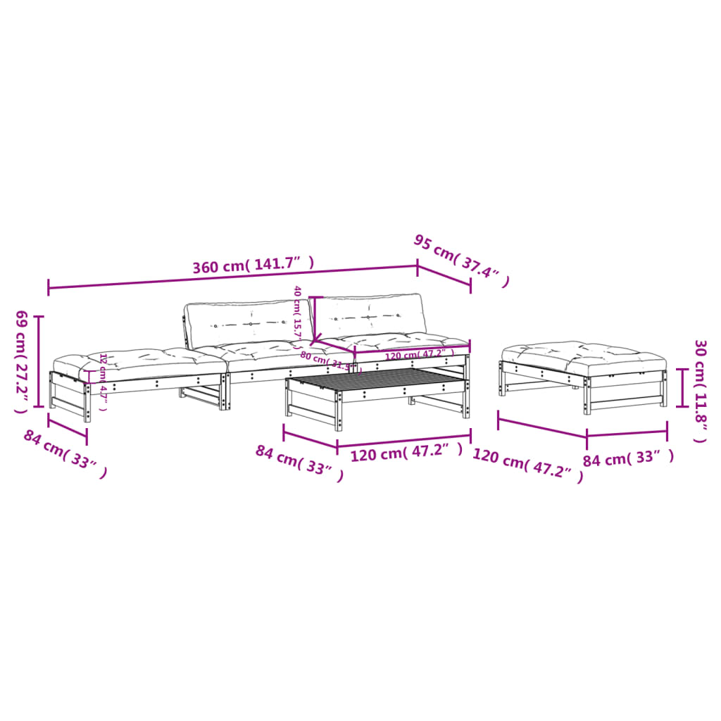 vidaXL Salon de jardin 5 pcs avec coussins noir bois massif