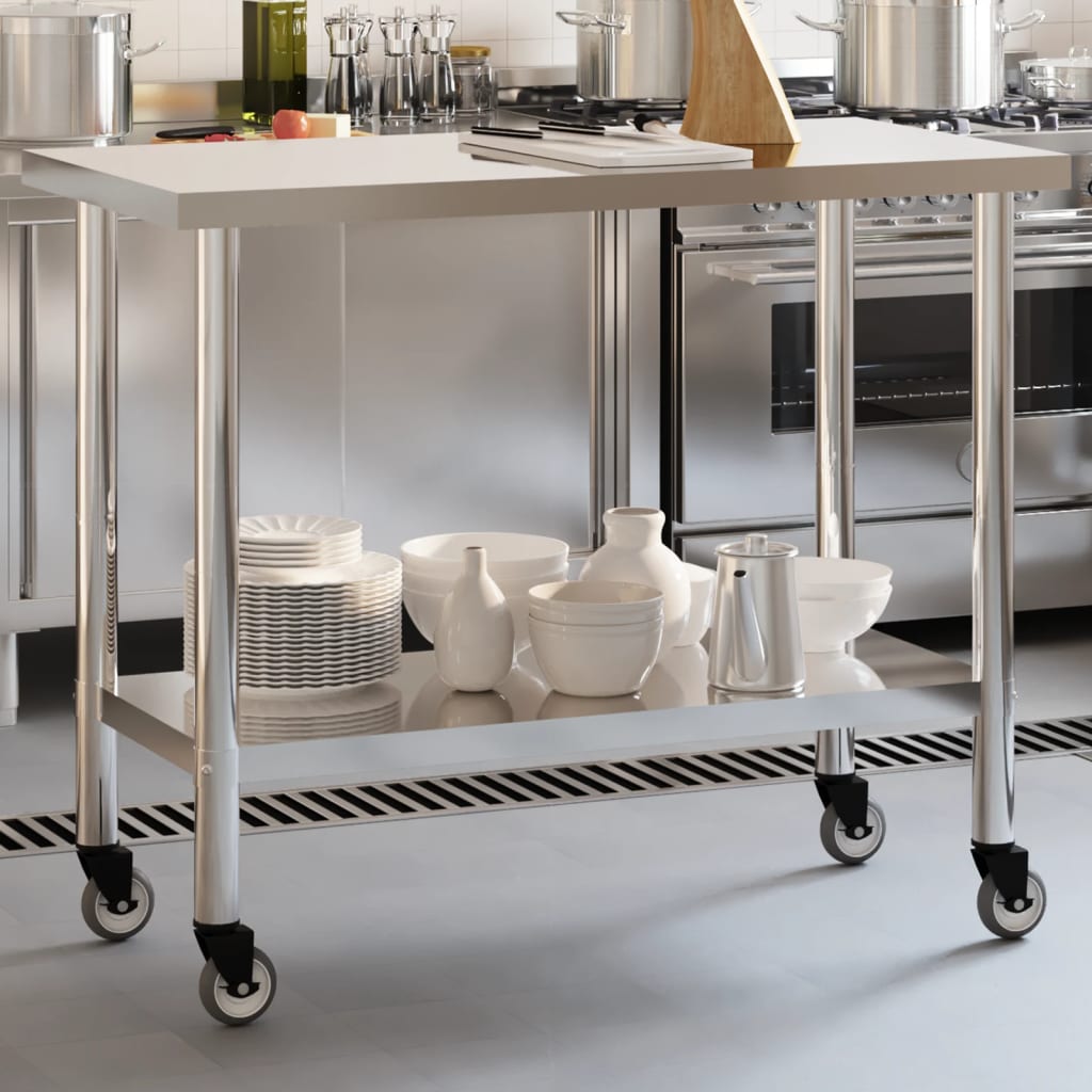 vidaXL Table de travail de cuisine avec roues 110x55x85 cm inox