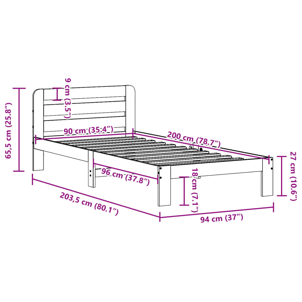 vidaXL Cadre de lit sans matelas blanc 90x200 cm bois de pin massif