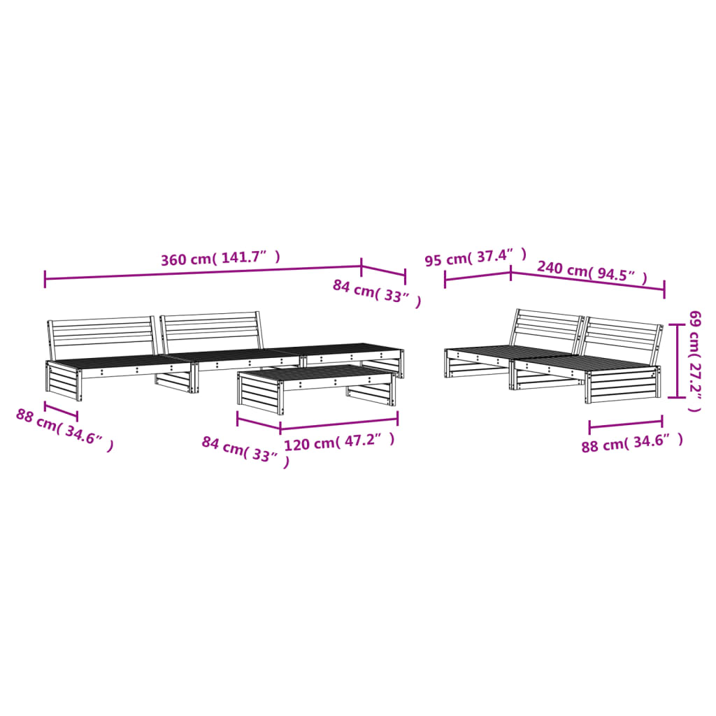 vidaXL Salon de jardin 6 pcs Bois de pin massif