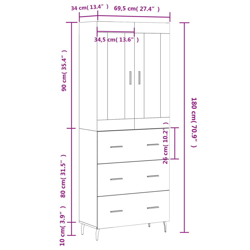 vidaXL Buffet haut Chêne marron 69,5x34x180 cm Bois d'ingénierie