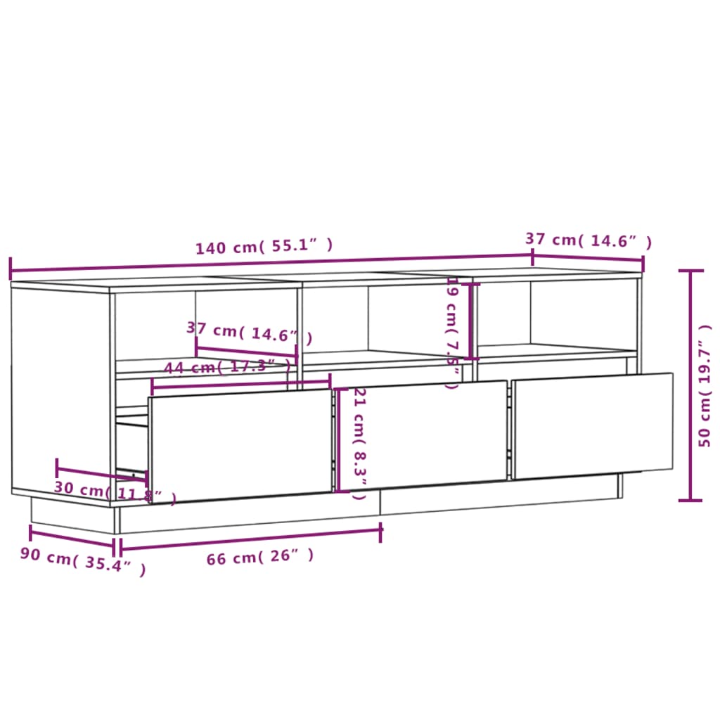 vidaXL Meuble TV Gris 140x37x50 cm Bois de pin massif