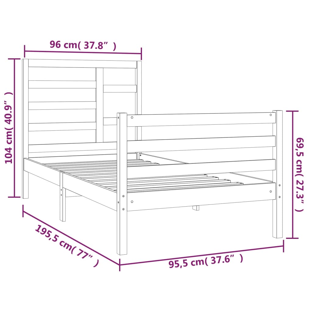 vidaXL Cadre de lit Noir Bois massif 90x190 cm Simple