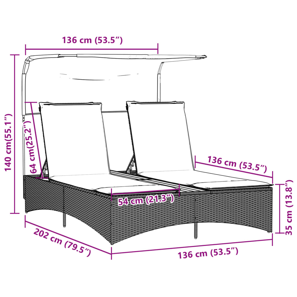 vidaXL Chaise longue double et auvent et coussins gris résine tressée