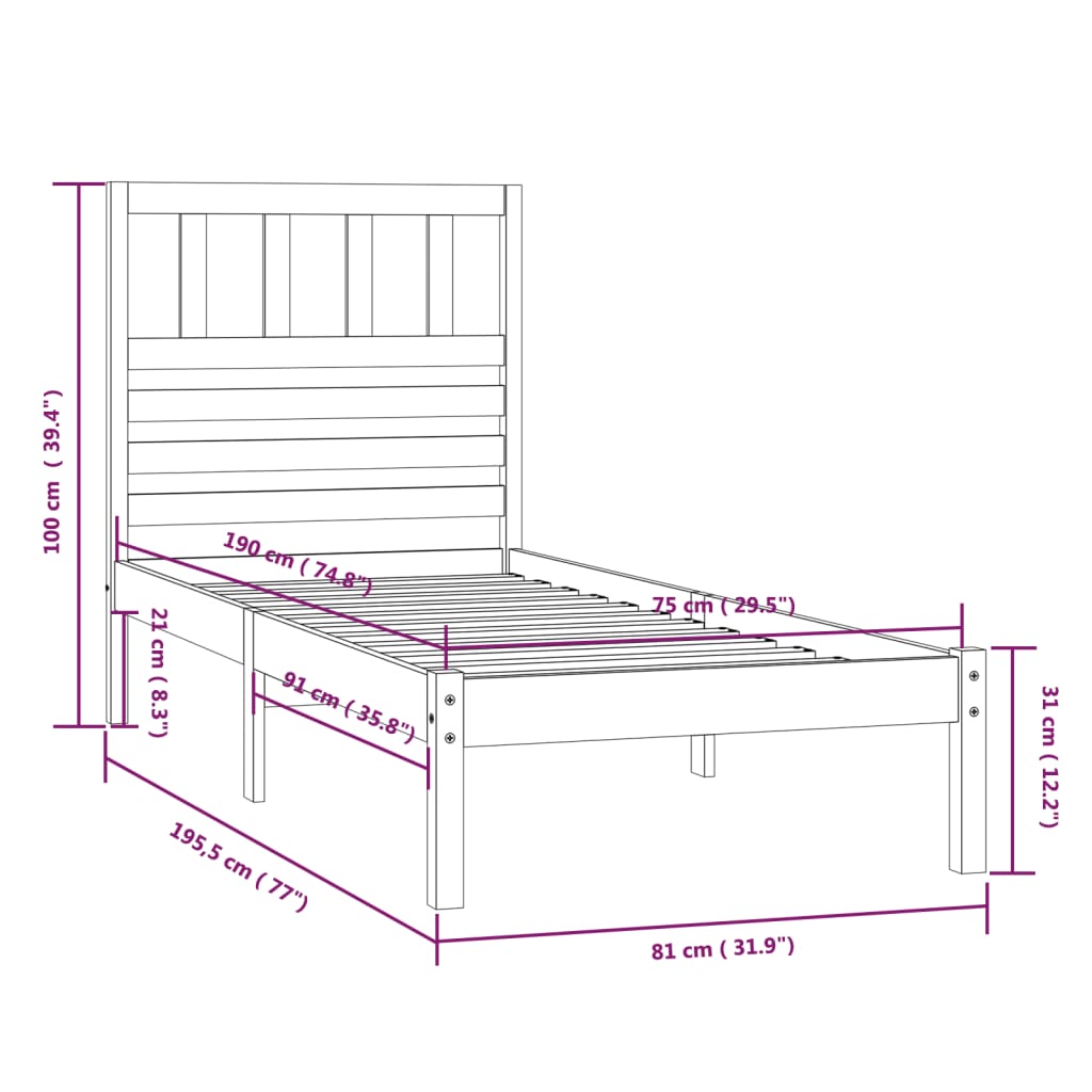 vidaXL Cadre de lit sans matelas marron miel 75x190 cm bois pin massif