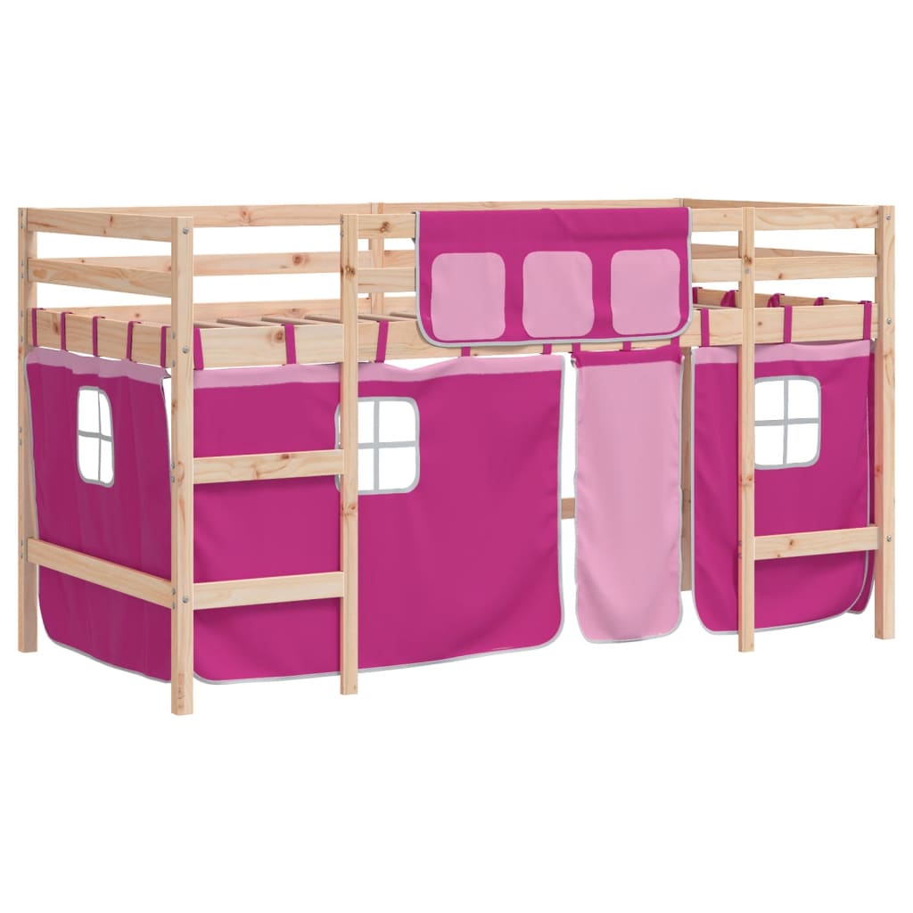 vidaXL Lit mezzanine enfants et rideaux rose 90x200cm bois pin massif