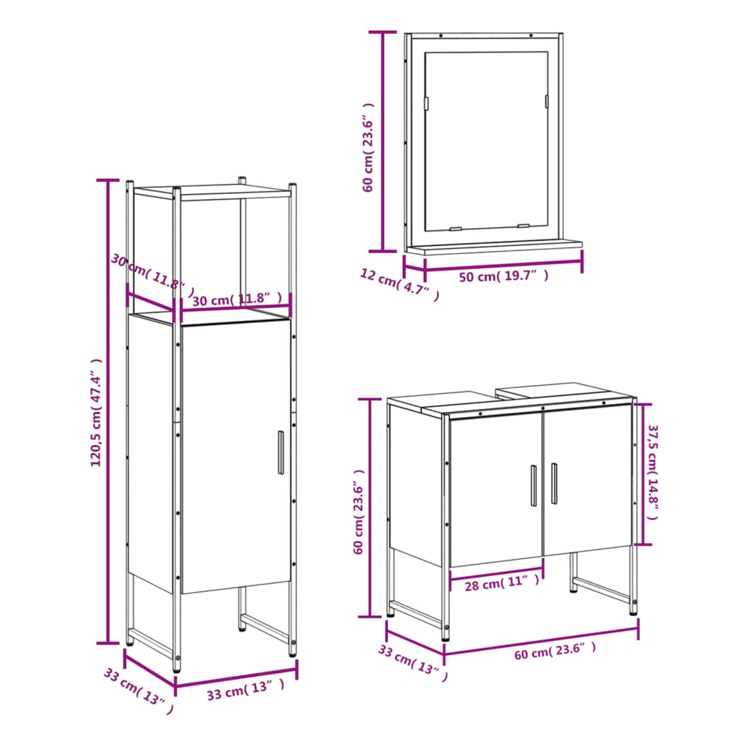 vidaXL Ensemble d'armoires de salle de bain 3 pcs sonoma gris