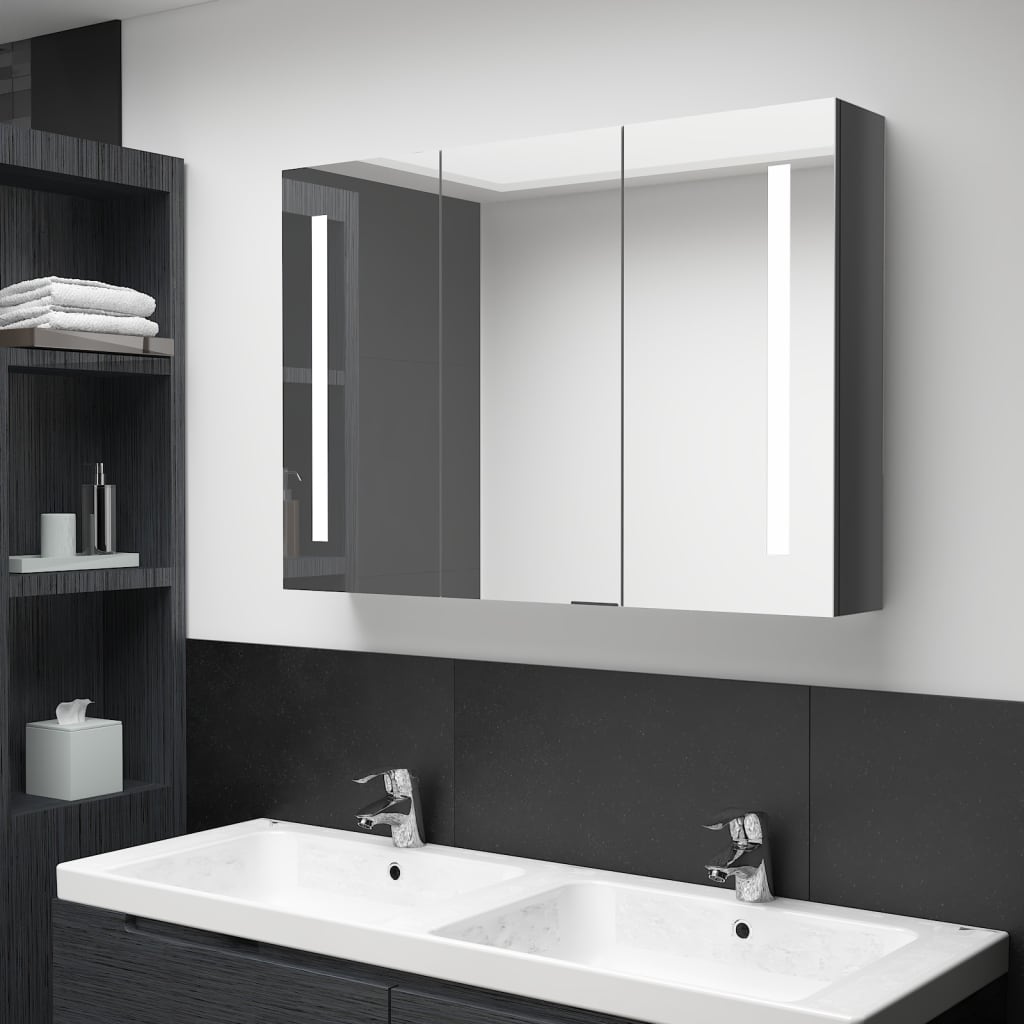 vidaXL Armoire de salle de bain à miroir LED 89x14x62 cm Gris brillant