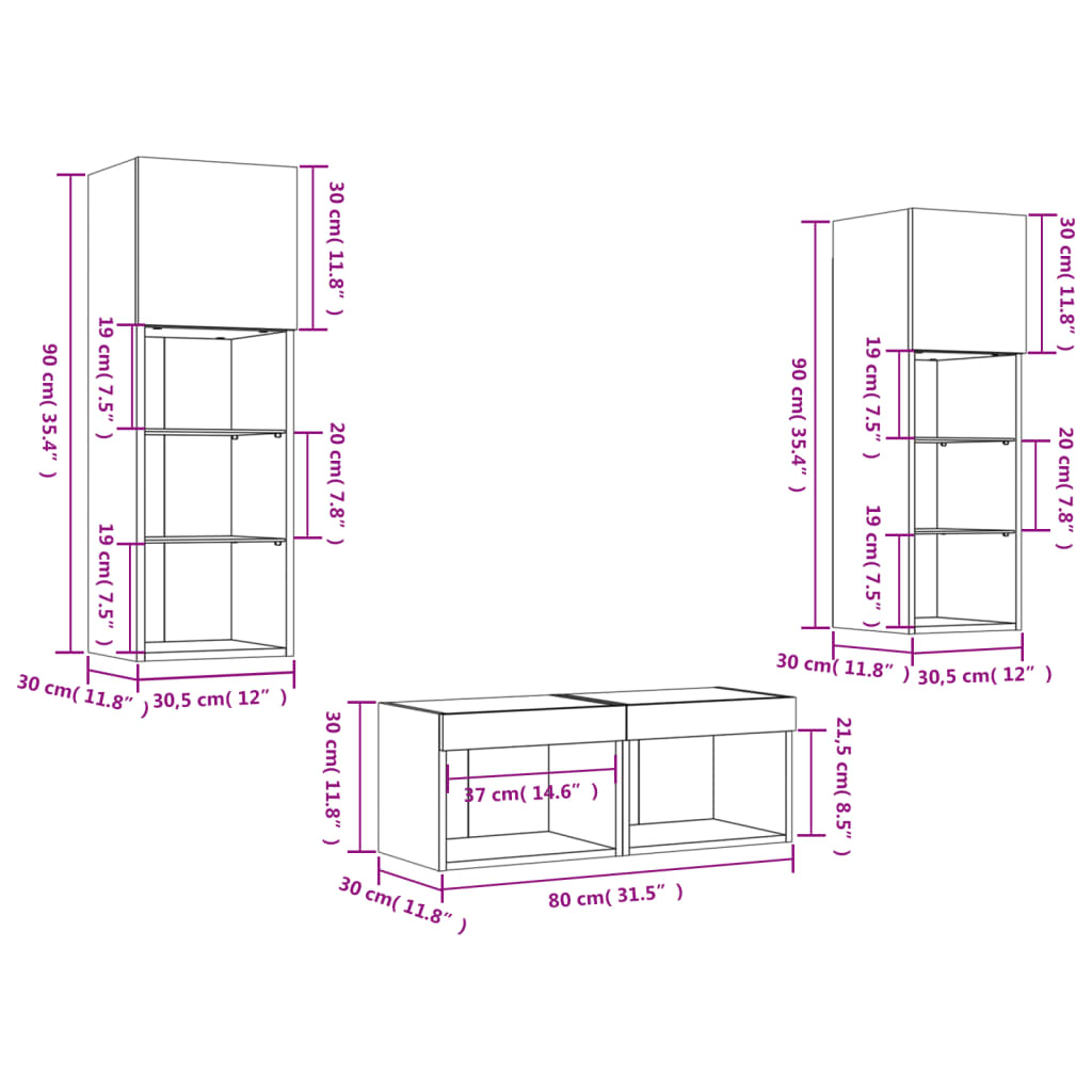 vidaXL Meuble TV muraux 4 pcs avec lumières LED sonoma gris