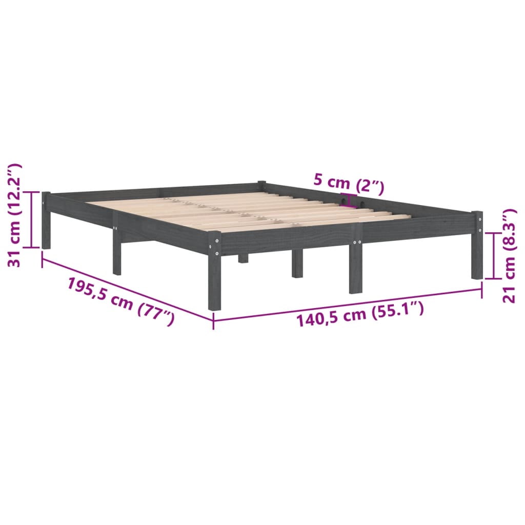 vidaXL Cadre de lit Gris Bois massif 135x190 cm Double