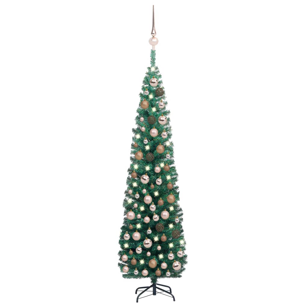 vidaXL Sapin de Noël artificiel mince pré-éclairé et boules vert 180cm