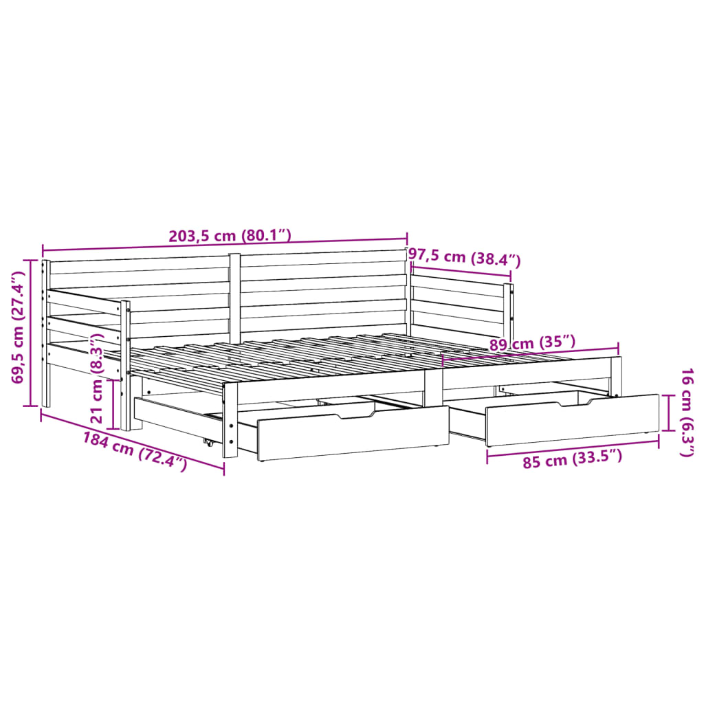 vidaXL Lit de jour avec gigogne et tiroirs sans matelas blanc 90x200cm