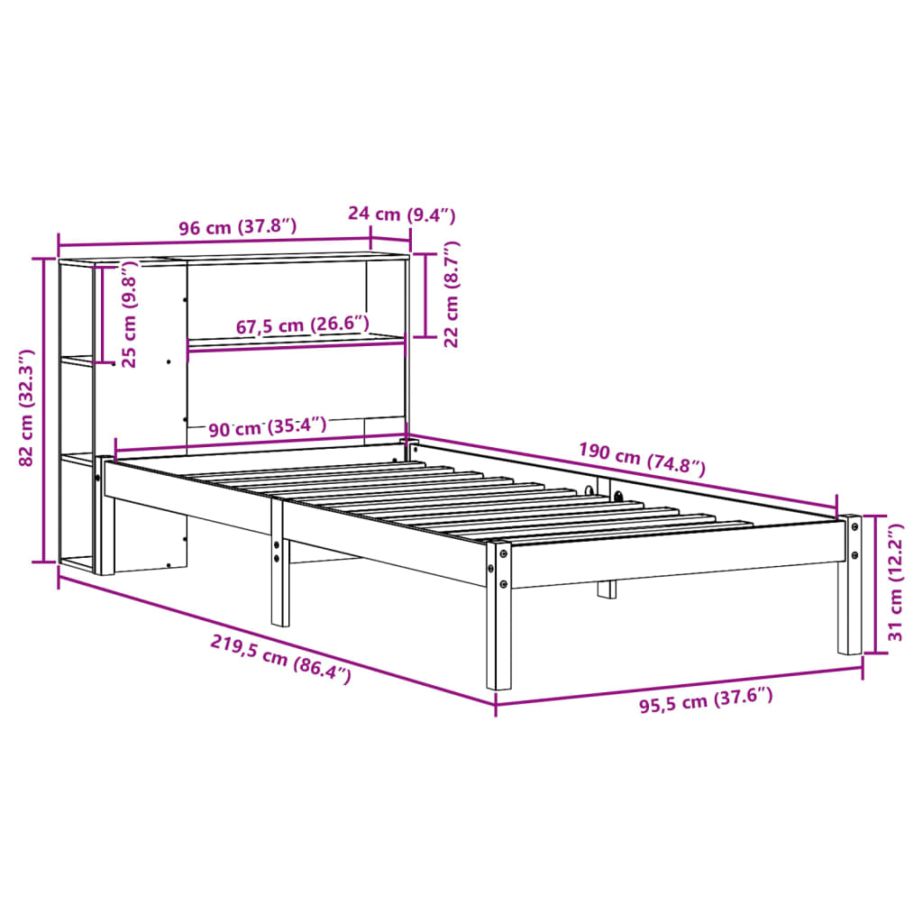 vidaXL Lit bibliothèque sans matelas 90x190 cm bois de pin massif