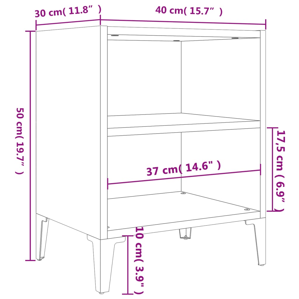 vidaXL Tables de chevet pieds en métal 2 pcs gris brillant 40x30x50 cm